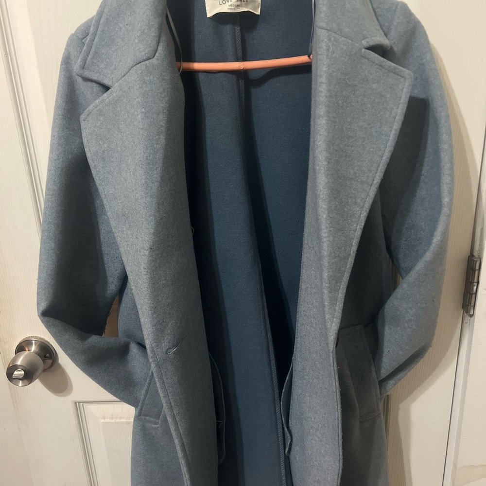 Love Tree Blue Trench Coat with Wide Lapels and Relaxed Fit